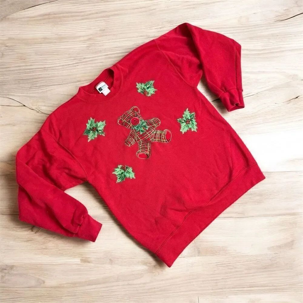 Vintage Red Teddy Bear Puff Paint Plaid Christmas Pullover Sweatshirt Large